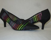 Vintage J Renee Buffey Black Mesh Neon Striped Bow Tie Pumps Size 7.5