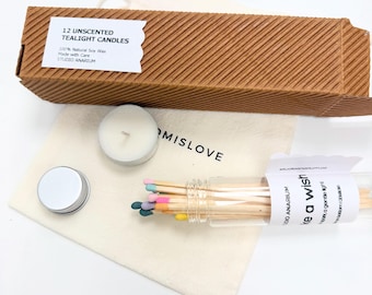 12 unscented soy tealight | tealights | tealight candle | matches | safety matches | match bottle l gift set