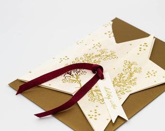 Gold Foil Star Card with Silk Ribbon & Holiday Wishes Tag — A2 Folded Card