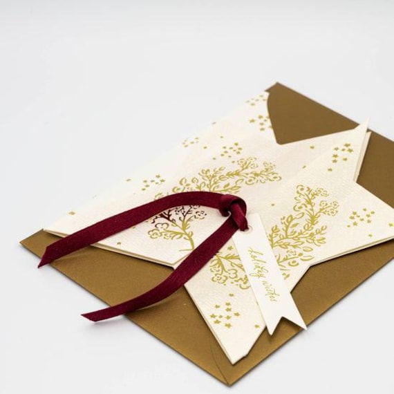 Gold Foil Star Card with Silk Ribbon & Holiday Wishes Tag — A2 Folded Card