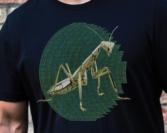 Praying Mantis, Bugs In The Software t-shirt, steampunk gift for programmers, tech geeks, binary message