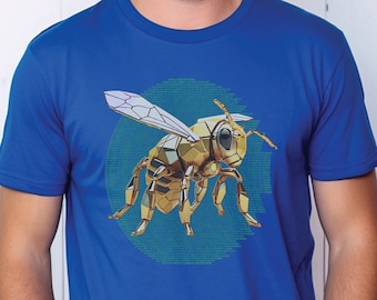 Honey Bee, Bugs In The Software t-shirt, clockwork steampunk insect with a secret message coded in binary