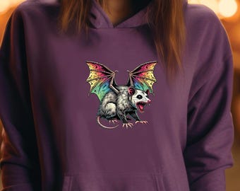 Free Shipping! Feral Charm Hoodie - Feral Possum with Rainbow Wings, Animal Lover Gift, Arcane Goth Sweatshirt, Fantasy Creature Hoodie