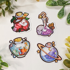 May include: Set of four fantasy-themed stickers featuring potion bottles. Designs include a red potion with a heart, a purple potion with a skull, an octopus in a bottle, and a planet-themed potion. Each sticker has a white border.