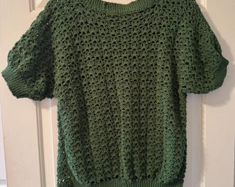 Hand Crocheted Pullover Sweater, Green Cotton Blend Dolman Sleeve, Large
