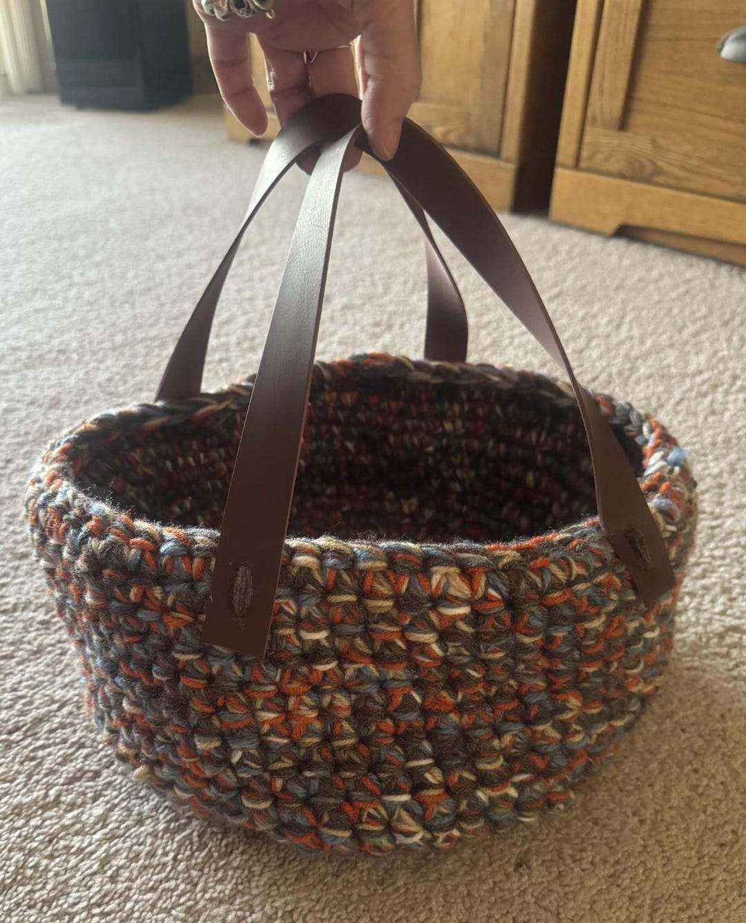 Handmade Crocheted Market Basket: Boho Yarn Basket With Faux Leather ...