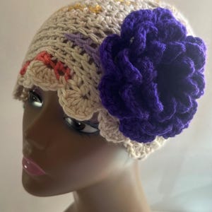 CROCHET BOHO BEANIE for women, crocheted hat with purple crocheted flower, handmade-308