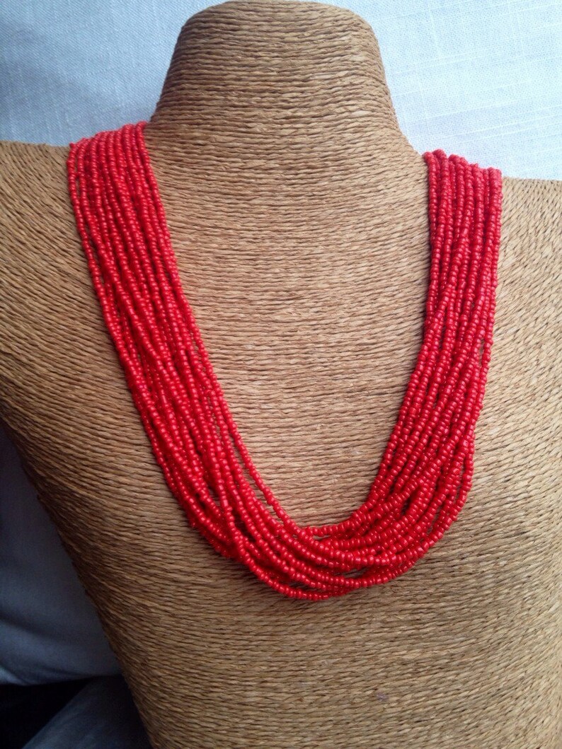 Red Beaded Necklace Red Seed Bead Multistrand Necklace Red Etsy Canada
