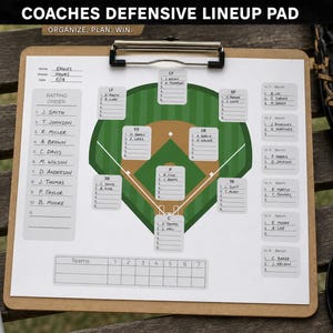 May include: A brown clipboard holding a white paper titled COACHES DEFENSIVE LINEUP PAD. The paper features a green baseball field diagram with white position boxes, a batting order list, bench player slots, and a seven-inning score grid.