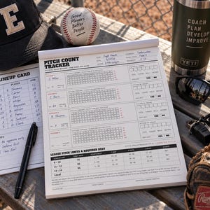 May include: A baseball pitch count tracker notepad with printed fields for team, date, and league, alongside a lineup card, a black pen, a baseball with text, a black cap with an E, a green tumbler, sunglasses, and a brown leather baseball glove.