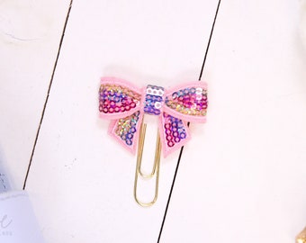 Rainbow Sequin Bow Planner Clip | Planner Accessories, Paperclip Bookmark, Planner Gift