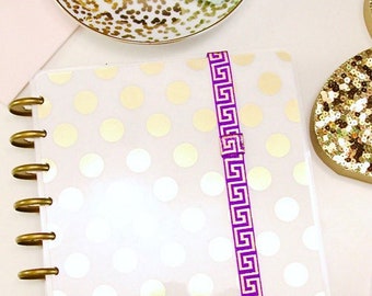 Planner Band, Book and Planner Accessories - Purple Gold Geometric Squares Greek Key Planner Band with Pen Loop