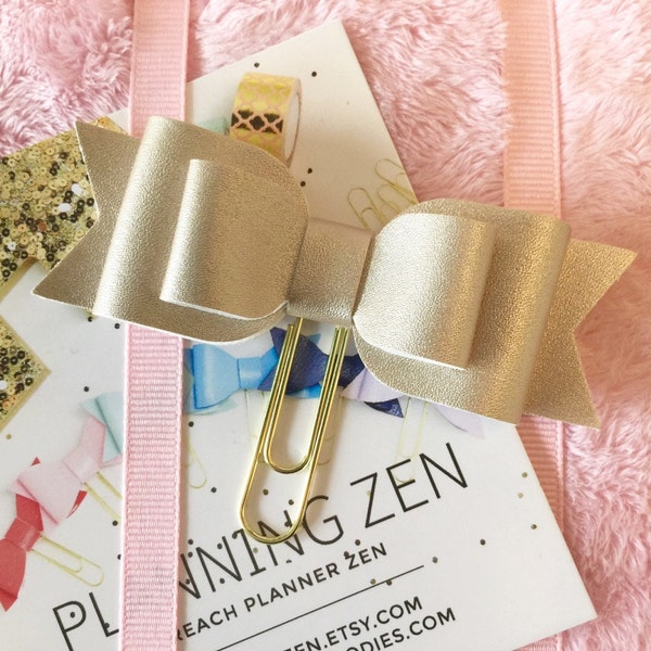 Champagne Gold Deluxe Bow Planner Clip in Faux Leather