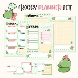 May include: A Frogggy Planner Set with a cute frog theme. The set includes weekly, monthly, and daily planners, along with sticky notes. The planners feature a light green and pink color scheme with frog and flower illustrations. The text "FROGGY PLANNER SET" is at the top.