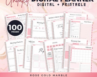 Undated Digital Planner Bundle, 100 Pages, Rose Gold Marble, Goodnotes, iPad Journal (PDF Download)