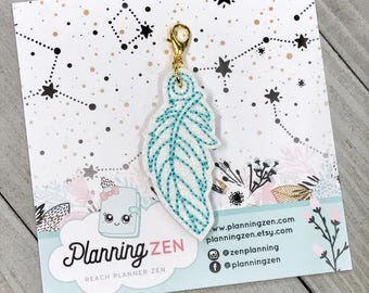 Sparkly Teal Feather Planner Charm - Planner Accessories, Travelers Notebook Charm