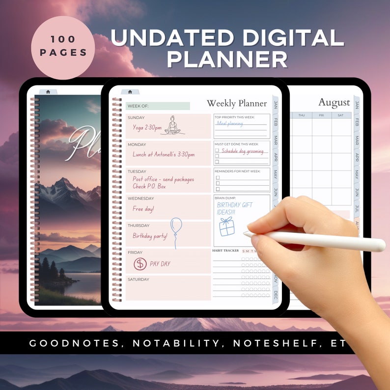 Undatierter digitaler Planer für iPad, Goodnotes, Tagesplaner, Wochenplaner, Jahresplaner, Kalender Zauberhafte Himmel Bild 1