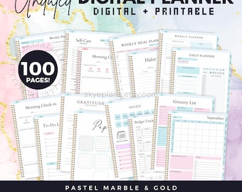 Undated Digital Planner Bundle, 100 Pages, Pastel Marble & Gold, Goodnotes, iPad Journal (PDF Download)