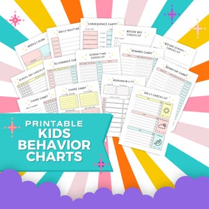 May include: A selection of printable children's behaviour charts. The charts include daily checklists, reward charts, and chore charts. The text "Printable Kids Behavior Charts" is displayed on a teal banner.
