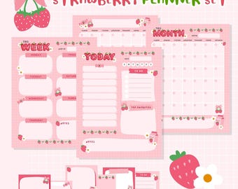 Strawberry Milk Printable Planner, Weekly and Monthly Digital Download