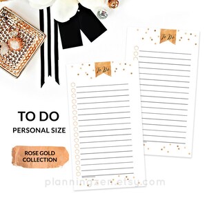 May include: Two white "To Do" notepads with rose gold accents. Each notepad has lined pages, a "To Do" banner, and rose gold confetti. The text "To Do", "Personal Size", and "Rose Gold Collection" are visible.