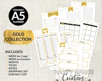 Colección de insertos imprimibles dorados para agendas A5 - Insertos imprimibles para agendas - Insertos KikkiK grandes - Calendario diario imprimible