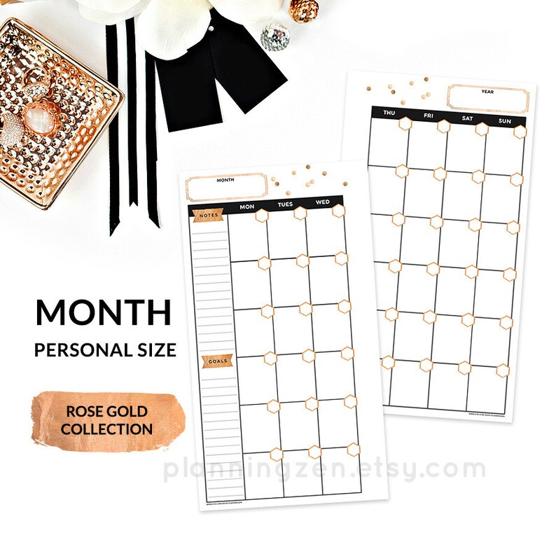 May include: Two white personal size planner pages with rose gold accents. One page is labeled "MONTH" and includes a notes and goals section. The other page is a weekly calendar. The text "ROSE GOLD COLLECTION" is also visible.