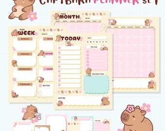 Capybara Planner Set, Pastel Theme, Monthly Weekly Daily Sheets (Digital Download)