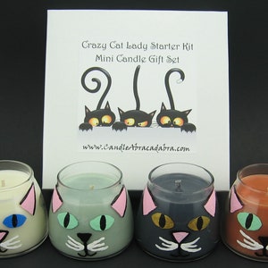 Crazy Cat Lady Cat Guy Starter Kit Hand-painted Kitten Mini Soy Container Candle Set Black Cat, Blue-grey Cat, White Cat, and Ginger Cat image 1