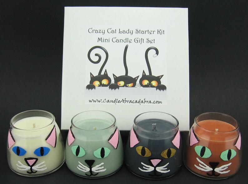 Crazy Cat Lady Cat Guy Starter Kit Hand-painted Kitten Mini Soy Container Candle Set Black Cat, Blue-grey Cat, White Cat, and Ginger Cat image 1