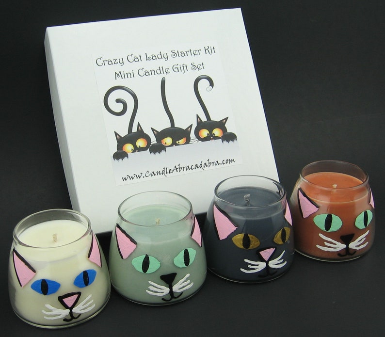 Crazy Cat Lady Cat Guy Starter Kit Hand-painted Kitten Mini Soy Container Candle Set Black Cat, Blue-grey Cat, White Cat, and Ginger Cat image 2
