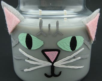 Hand-Painted Cat Face Soy Container Candle - White Cat, Black Cat, Tortoiseshell Cat, or Tabby Cat