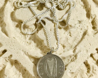 1993 Irish 5 Pence Necklace, Irish Harp Necklace, Silver Bull Necklace