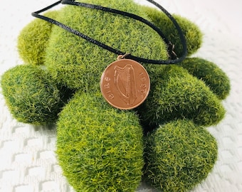 1990 Irish Two Pence Birth Year Necklace, Irish Harp Necklace, Copper Celtic Bird Necklace