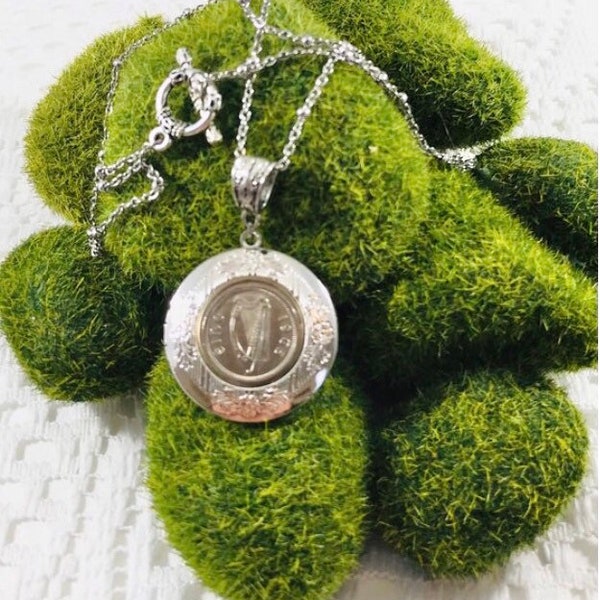 Silver 1965 IRISH Coin Locket Necklace,IRISH Silver HARP Locket, Irish Coin Necklace