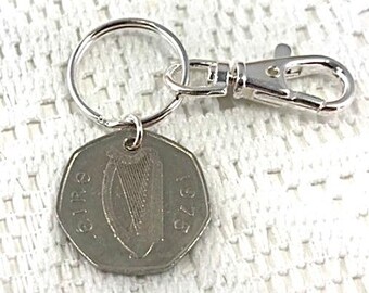 Irish Coin Key Chain,1975 50 Pence Key Chain, Irish Harp Key Chain,Coin Key Chain