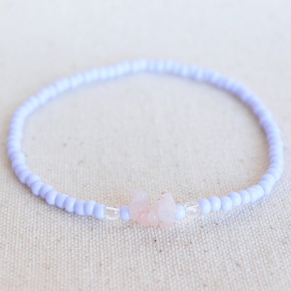 Rose Quartz & Clear Quartz Crystal Light Purple Seed Bead Anklet, Boho, Hippie, Gypsy, Stretch Anklet, Anklets for Women, Gifts for Friends