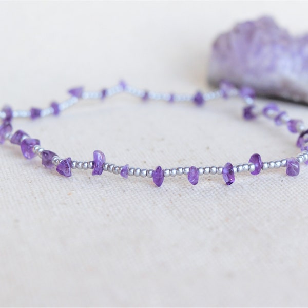 Amethyst Chip and Silver Seed Bead Anklet, February Birthstone, Hippie, Boho, Gypsy, Stretch, Gifts for Friends, Ankle Bracelets for Women