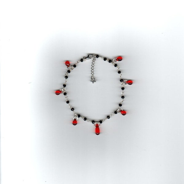 Vampire Anklet Red Droplets on Onyx Bead Rosary Chain