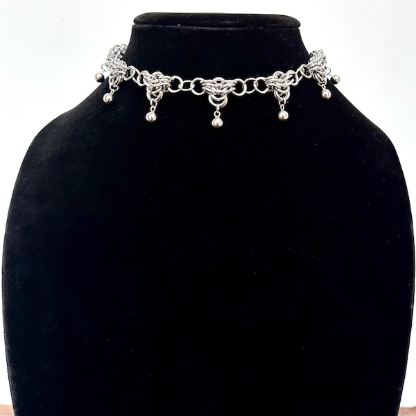 Jest Collar Choker Jester Clown Inspired Chainmaille Necklace with Stainless Steel Rings and Beads