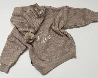 Childrens Personalised Knitted Hoodie Button-up Cardigan - Embroidered - Cute - Homely