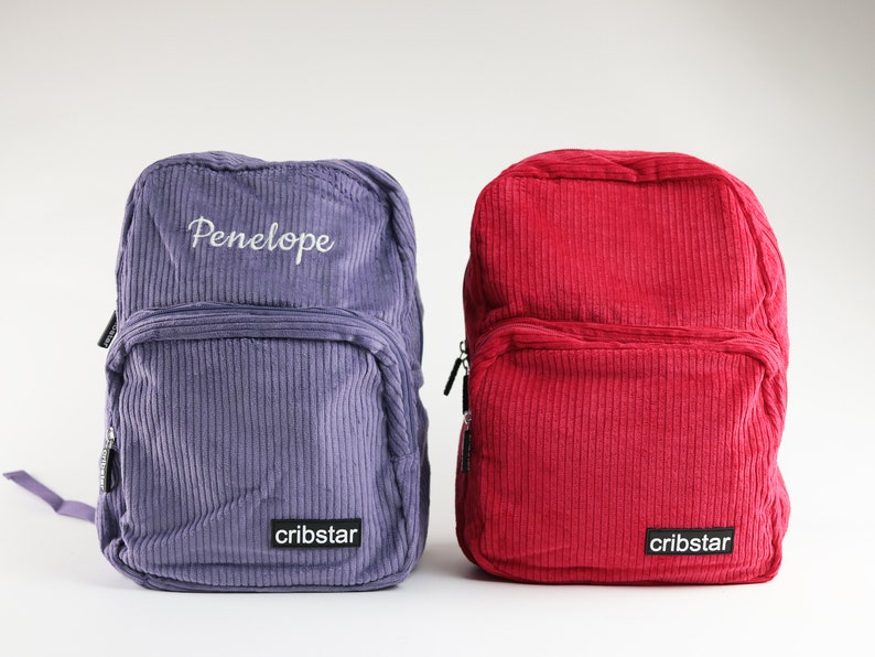 Personalised Retro Style Corduroy Kids Backpack Purple or Red image 1