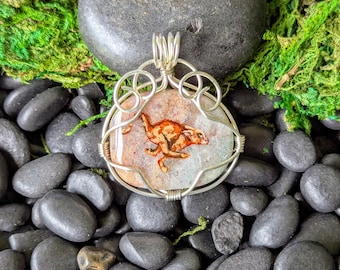 Hand Painted Orange Kitten Ocean Jasper Pendant