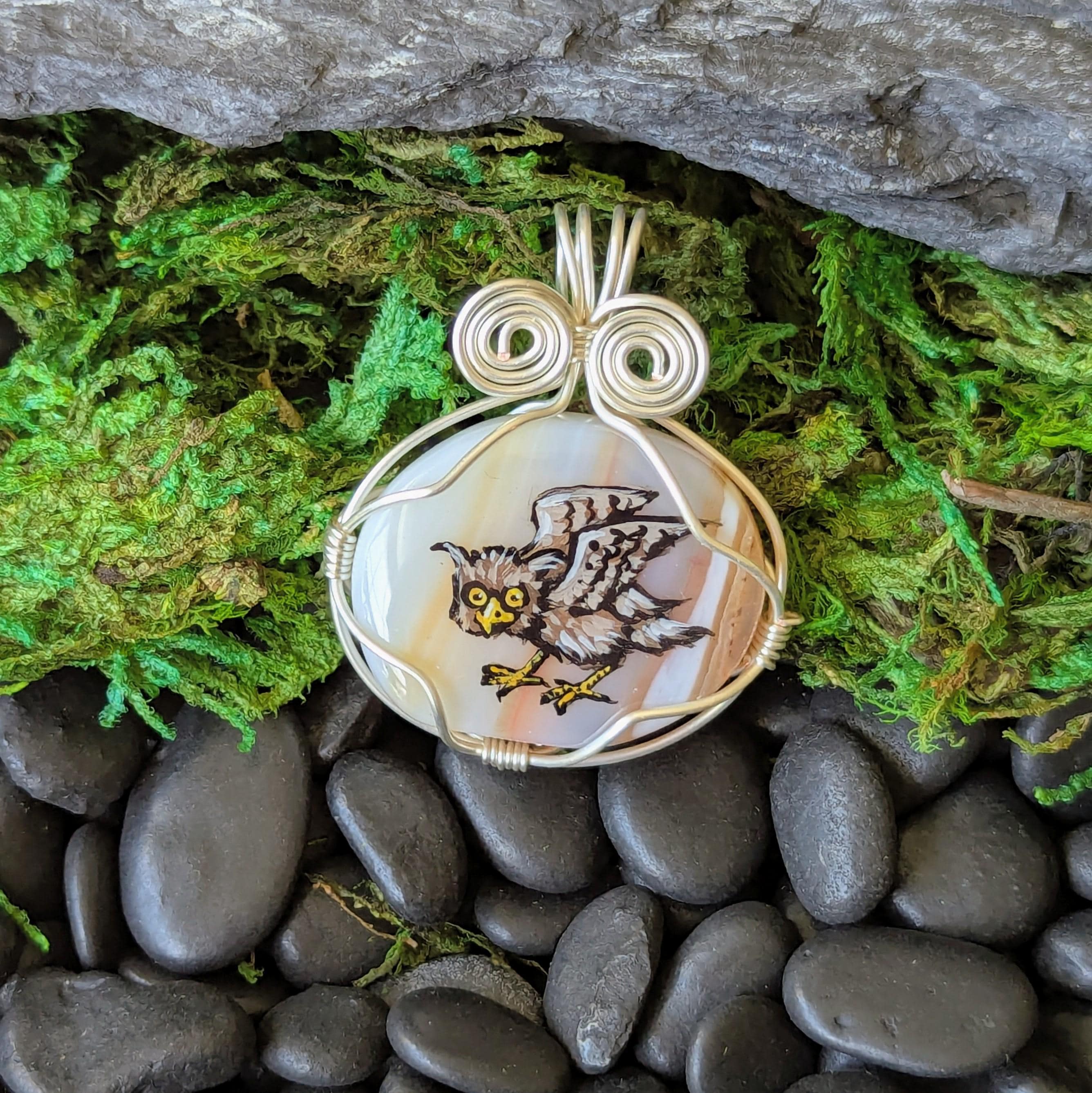 Hand Painted Pendant with Medieval Owl