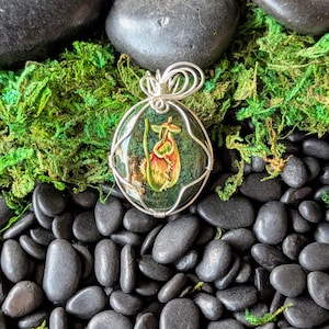 May include: A handcrafted pendant with a botanical theme. The round, clear resin pendant features a colorful illustration of a pitcher plant. The pendant is encased in a silver wire frame and hangs from a silver bail. The pendant is displayed on a bed of black stones and green moss.