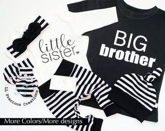 Little Sister Big Brother Matching Outfits Newborn Coming Home Outfit Baby Girl Clothes Sibling Outfits  Black Stripes Baby Shower Gift