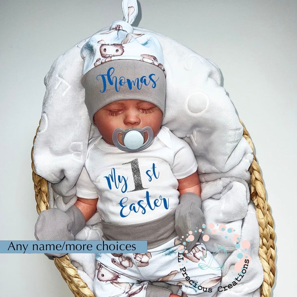 Personalized First Easter Baby Boy Outfit Baby's First Easter Baby Shower Gift Easter 2024 Spring Boy Outfit Blue Bunny Outfit