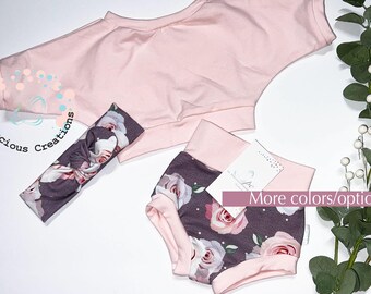 Organic baby crop top Bummie shorts Outfit Baby Girl coming home outfit Green leaves olive baby set Newborn baby outfit