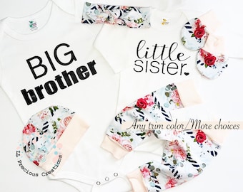 Big Brother Little Sister Floral Outfit Newborn Coming Home Outfit Baby Girl Clothes Sibling Outfits Baby Shower Gift