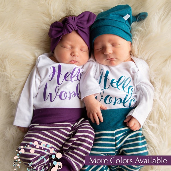 Twins Outfits Newborn Outfit Baby Boy Outfit Baby Girl Outfit Hello World Coming Home Twin Boy Girl stripes Harem Leggings